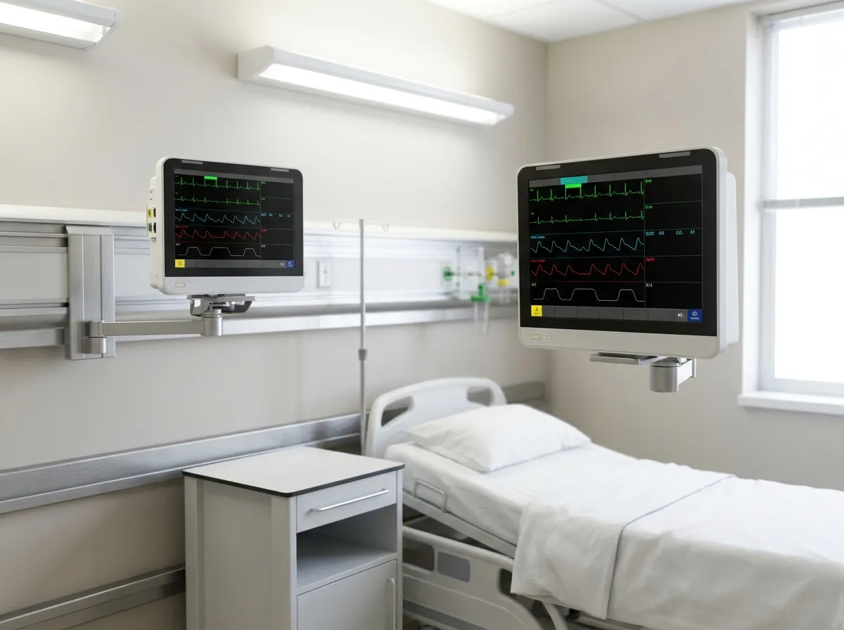 Monitor pasien bedside menampilkan tanda vital di ruang ICU