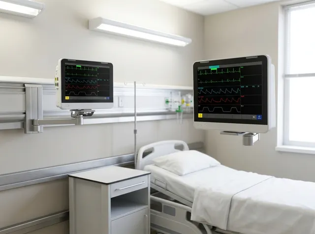 Monitor pasien bedside menampilkan tanda vital di ruang ICU